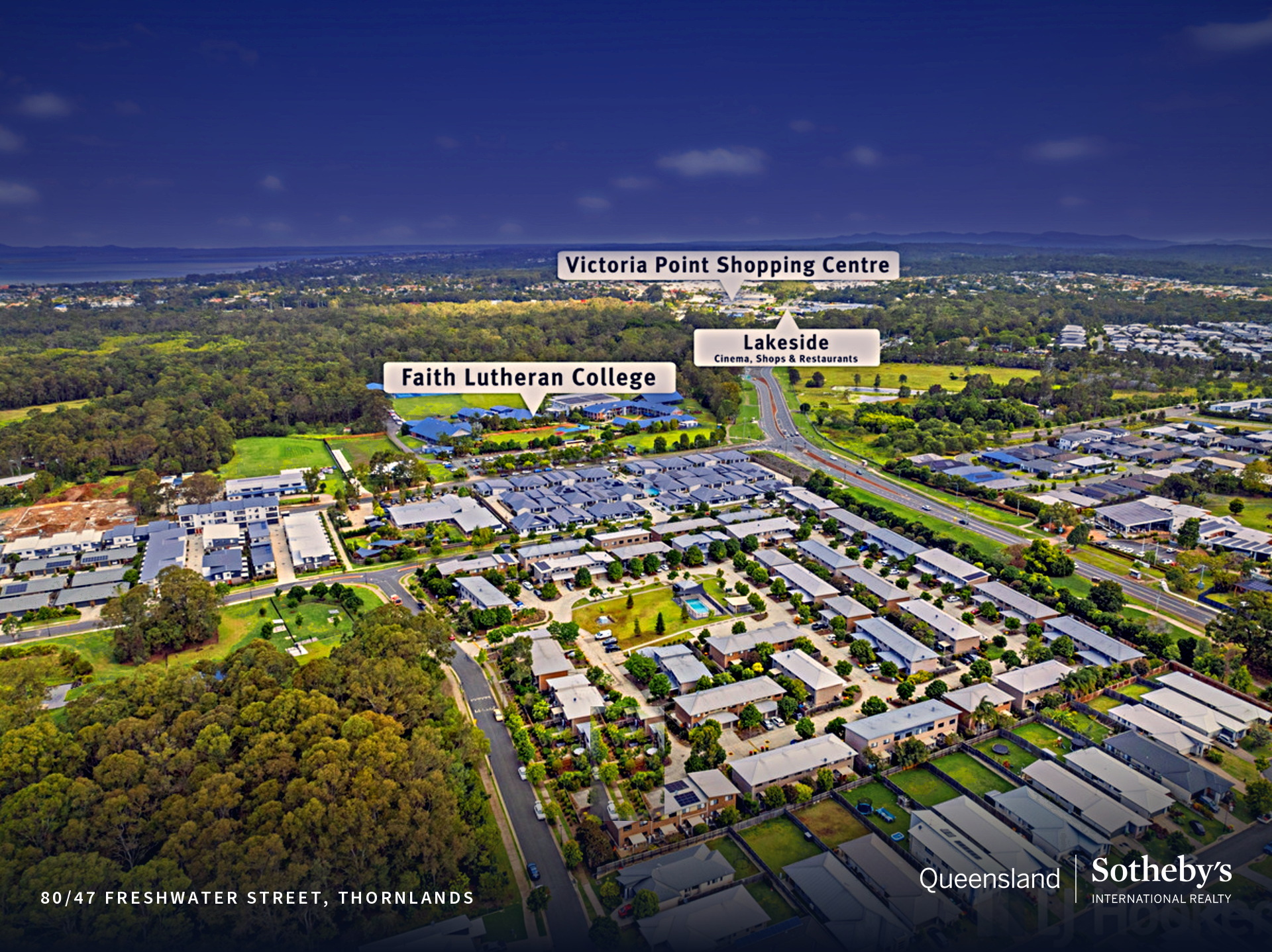 Aerial view showing 80/47 Freshwater Street and its position near Faith Lutheran College and Victoria Point
